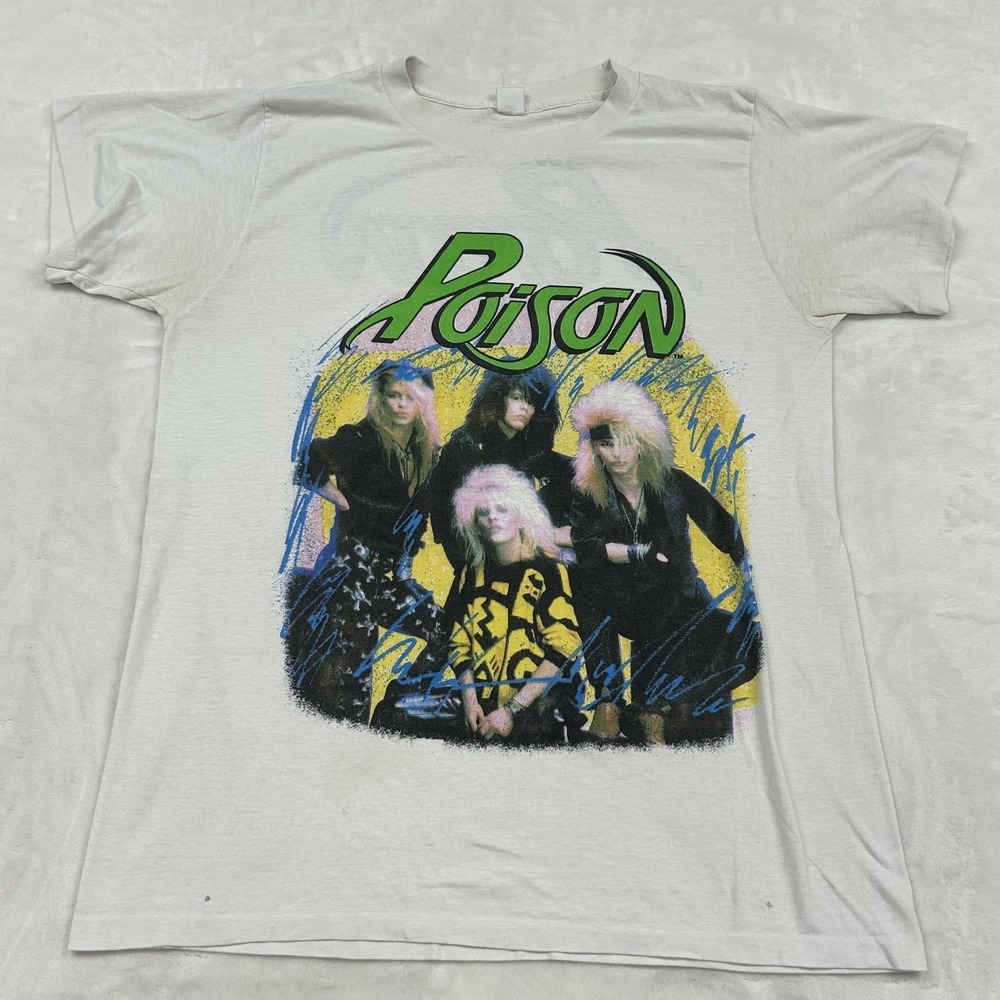 Poison Band T-Shirt Mens Medium White 80s Glam Metal Rock Crew Neck Vintage